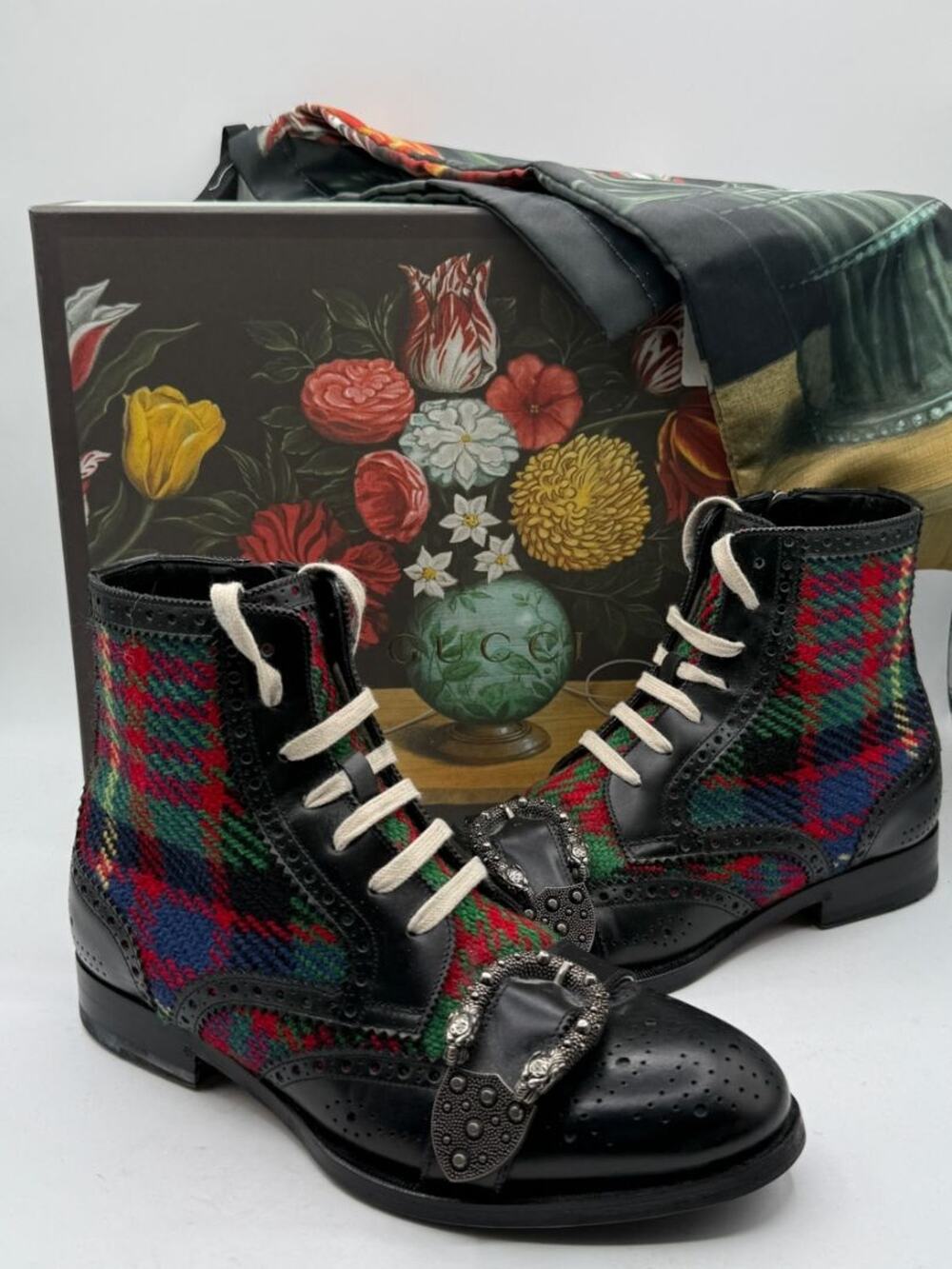 Gucci Tartan Wool & Leather Buckle Combat Boots – Men’s Size 7 (EU 40)